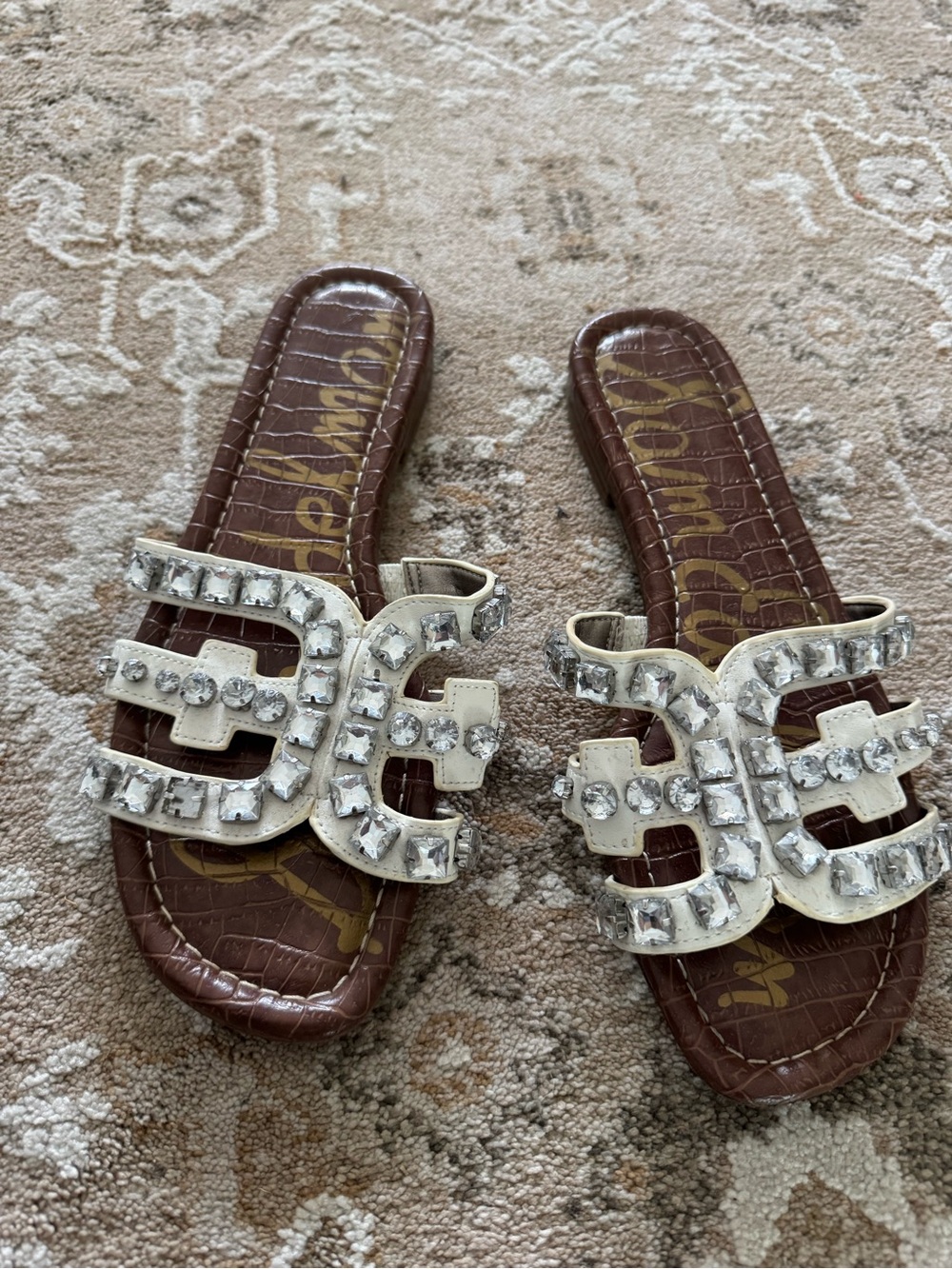 Sam Edelman Brown Slide Sandals with White Jeweled Straps